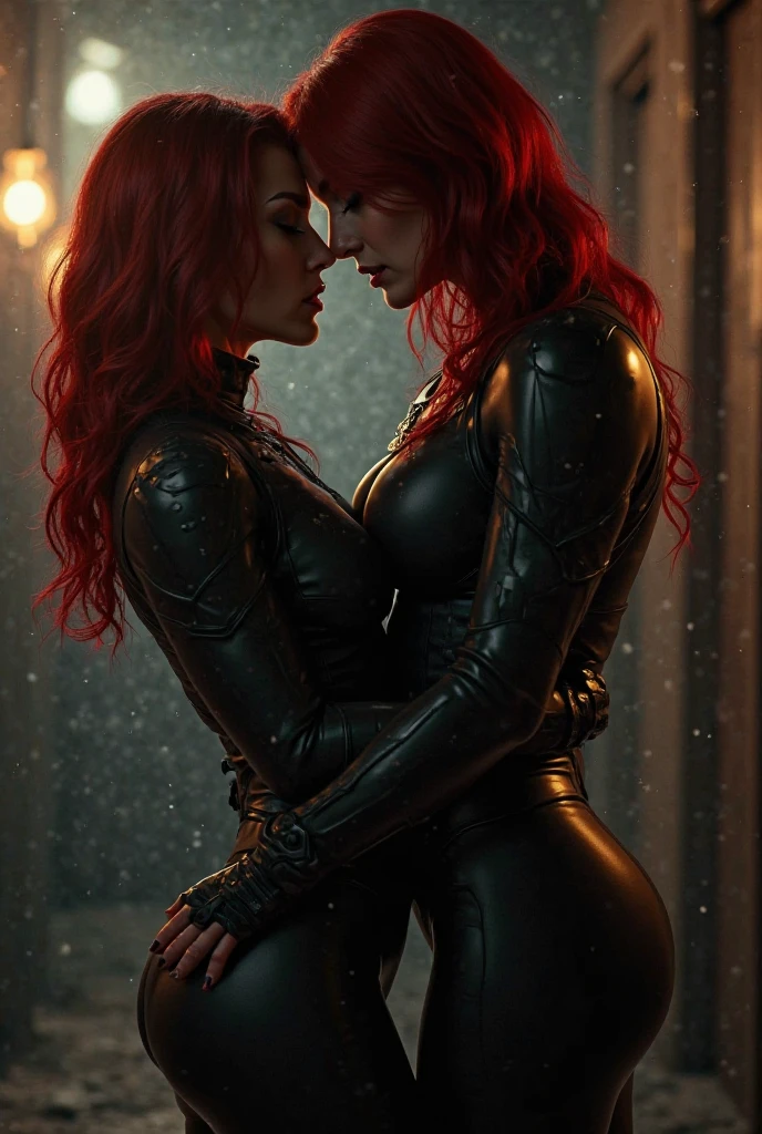 Teenager woman with curly white hair and blue eyes with curvy waist and big thighs and big butt with sexy armor made of ice and ice sword. Kissing passionately hugging and lips stuck together lesbians together with teen woman with red hair and ponytail and red eyes with curvy waist and big thighs and big butt in sexy black ninja clothes