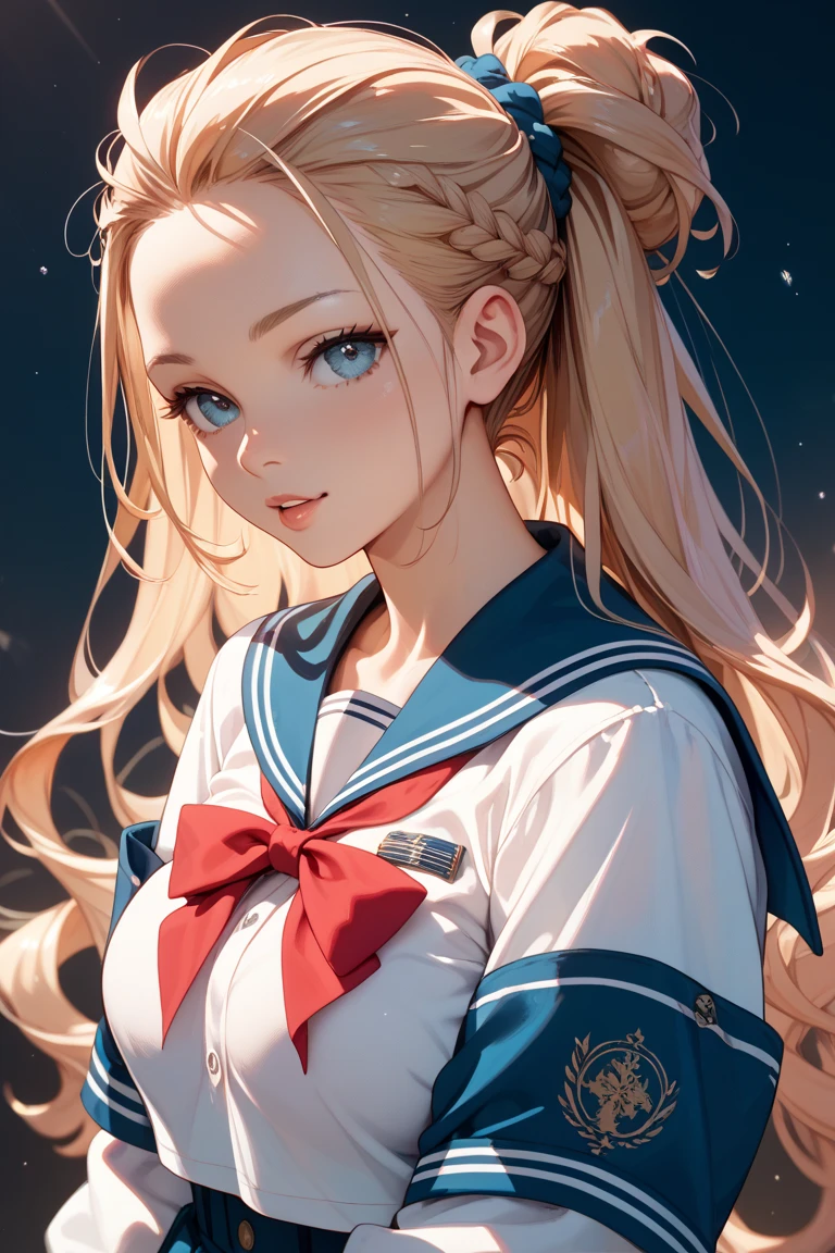 Do you have long hair and twin tails、forehead is visible、Wearing a short-sleeved sailor uniform、have ???????????