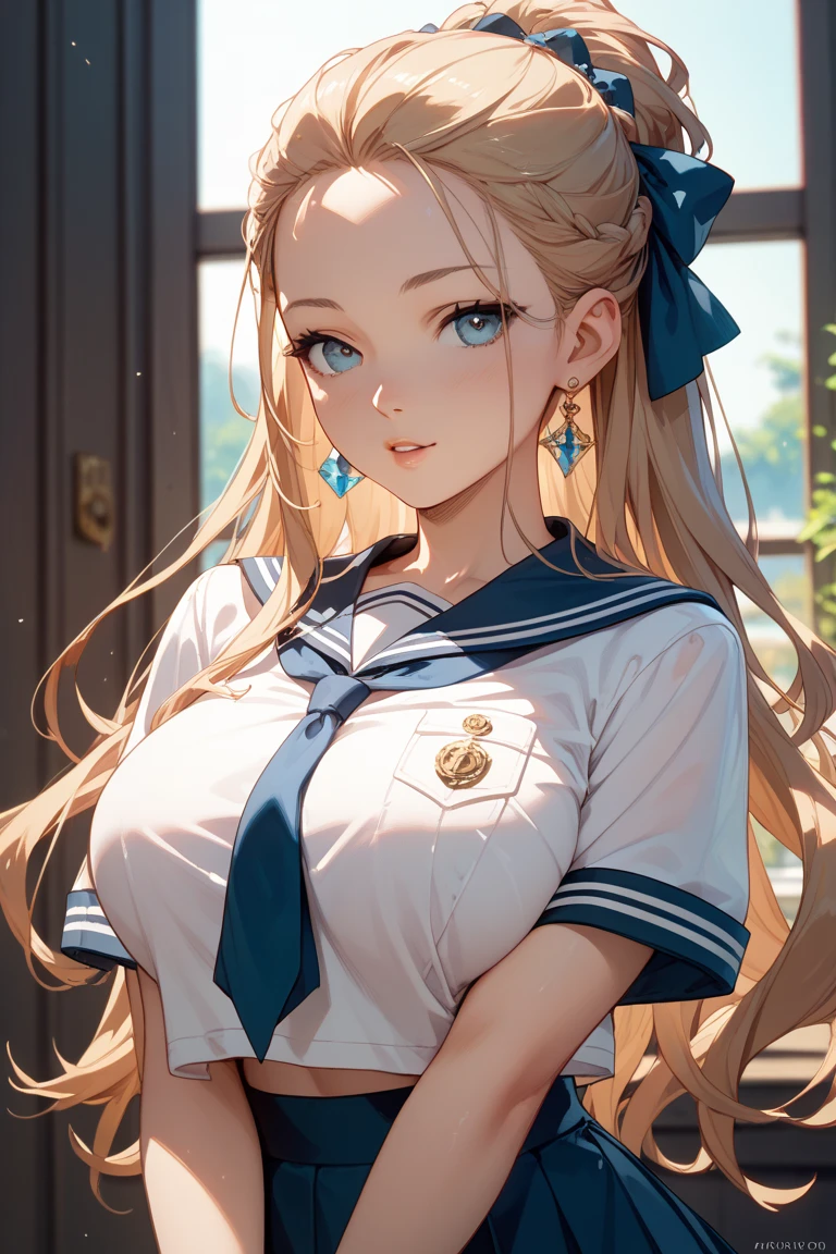 modern, Verism, masterpiece, textured skin, super detail, best quality, 4K , a cute woman ,Full smile,Sailor suit, Sitting,Sunny park