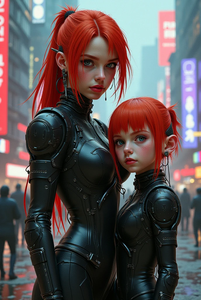 Young redhead woman with her daughter dressed in sexy cyberpunk 
