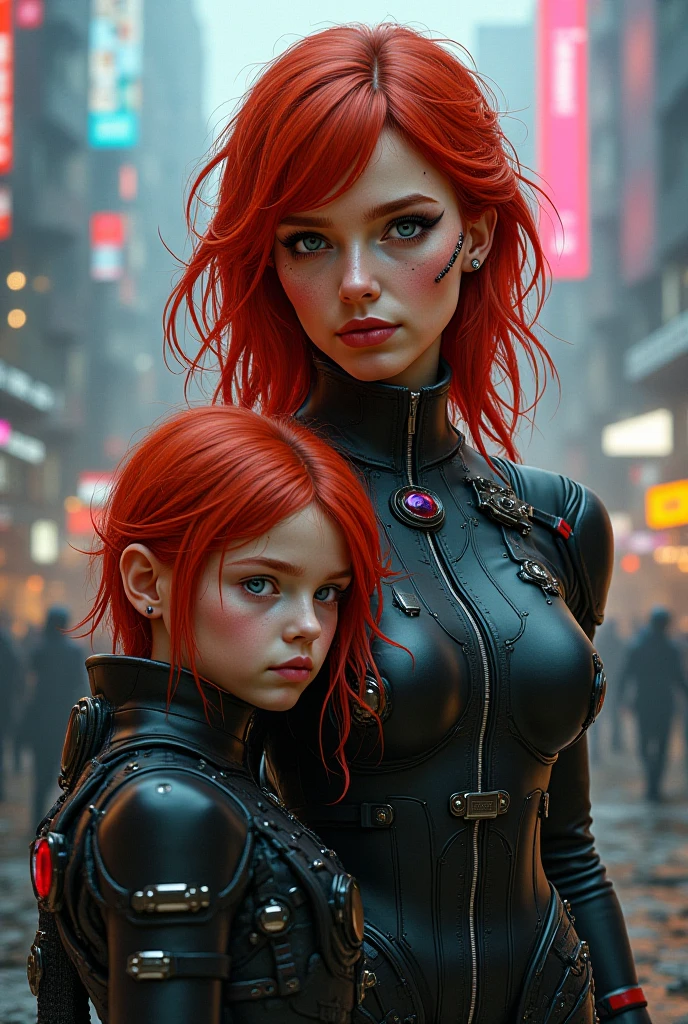 Young redhead woman with her daughter dressed in ???? cyberpunk 