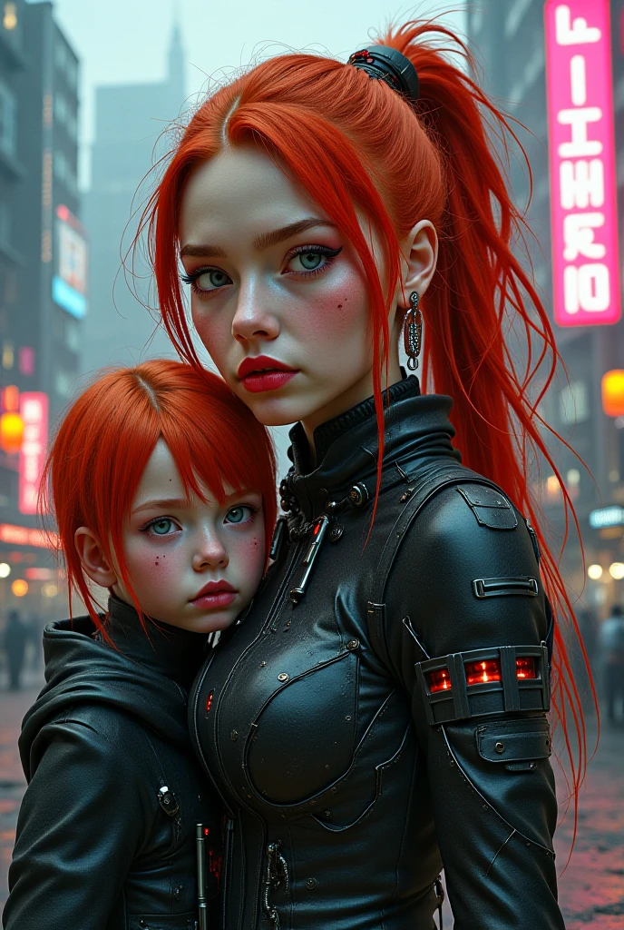 Young redhead woman with her daughter dressed in sexy cyberpunk 