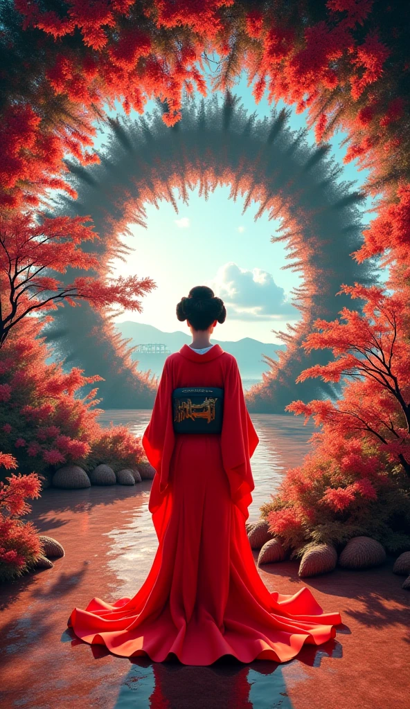 creates a hypnotic effect through a mesmerizing and fantastic fractal spiral. Its repetitive and recursive technique forms a mesmerizing visual vortex, like a dance of colors etched on the canvas, creating an endless illusion that reflects itself. In the center of the composition, a Japanese Geisha in a neon red dress, her body artistically and spectacularly split through a special and fantastic split photography technique, revealing a stunning view of nature and the city. This unique and mesmerizing splitting technique, combined with 3D rendering, creates an incredible three-dimensional illusion, as if the world is folding and unfolding before our eyes. This fractal spiral becomes a powerful metaphor for the cycle of life and the mystery of existence. The splitting of the Geisha's body symbolically represents the duality of reality and imagination, nature and the city, and the mystery hidden behind the outer appearance