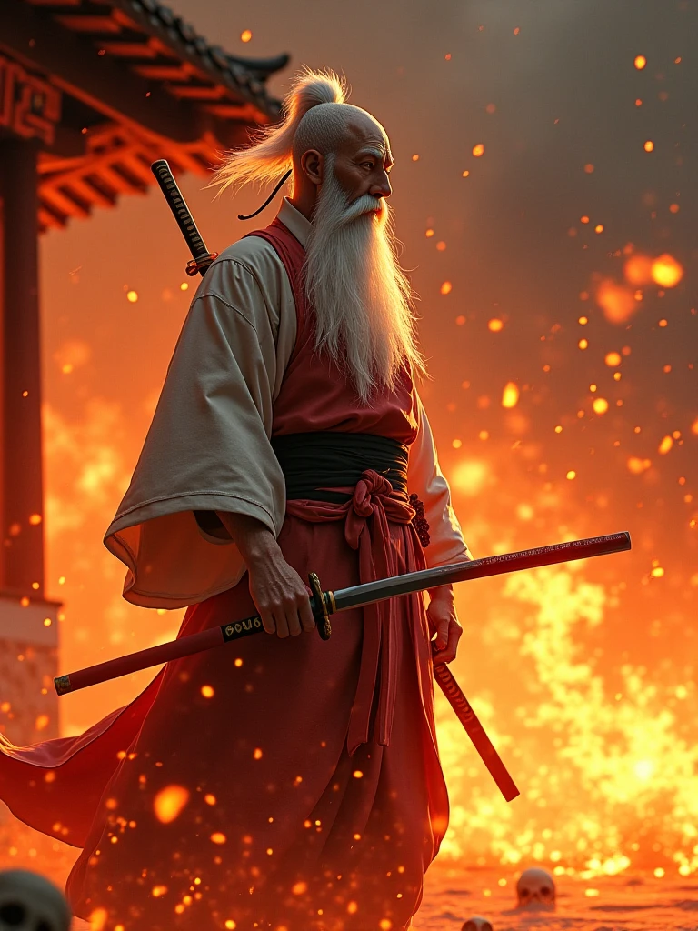 Flame field of smoke and distant sparks。 Protagonist setting： The character is a lighthearted samurai elder，No hair at all。The top hangs naturally at the waist and moves with the wind，Retains the original Shen Rhyme and features。with a tuft of white flowing beard，Cross tie four sections with red ribbon on the beard，from the middle section to the bottom，Symbol Warrior practice。Upper Body Nude，Visible muscle lines but no explosive，Body uniform，The flame requires a transparent crystal texture，as if he had been through countless battles。Cross-tied with a red ribbon on the beard，A small human skeleton should be suspended on the right side of the ceiling。background Wear white traditional socks with grass shoes。Hand a long Japanese Samurai knife（katana），dispels a powerful flame like a dragon from the ground below the screen {x} The knife body is black from the grip → the middle section is red → the tip is white。Blade tip outwards，Burning a small group of high-temperature flames，Flame color glowing，with extremely high temperature visuals。expression Perseverance，The overall divinity is very stable，as if a fellow warrior is coming。 Scene and action settings： Please follow the description below to create a three-dimensional hand-picked model picture，The roof is made of dark red tiles Laying，Underneath is a white wall building。Large lettering in the center「number one」（Black hairbrush wind）。Hanging on the left side of the wall a skull，Smoke billows out of his mouth，Mouth slightly open。The person must stand clearly on the red tile of the roof，Symbolic conquest with Death。with a gradient red-orange glow like lava，A small human skeleton hanging from the ceiling，Robe facing outwards，Center clearly visible「number one」LOGO。 Fire effect and ambience： } And details such as Martian particles floating in the air enhance the sense of occasion，Flame drifts from the ground to the left front，Around walls and characters，A white warrior robe is hung next to the eaves，The white wall overflows like a wavy roof cover。. Finally, the flame is wrapped from left to right from the back of the character from left to right，for a lantern filled doomsday scene，Refracted、Translucent and stereoscopic。The overall flame effect not only surrounds the character，More influence of clothing、Robe etc，has a floating skull。effect that floats by heat，Dull sky、the lower half of the body wearing traditional Japanese black samurai trousers。 Perspective and composition： Shooting angle for a low angle view，Emphasizes the character's sense of majesty and control。The five officers and faces are taken according to the assigned selfie.（Avoiding the illusion of hovering）。Flame and the shadow of the characters needed Blending，The character has his feet firmly on the roof of a traditional Japanese building。
