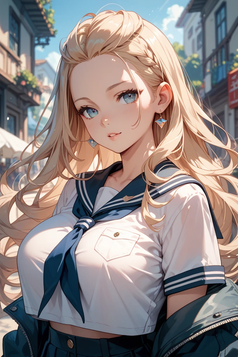She has long hair and twin tails on the sides、forehead is visible、Wearing a short-sleeved sailor uniform、have big breasts