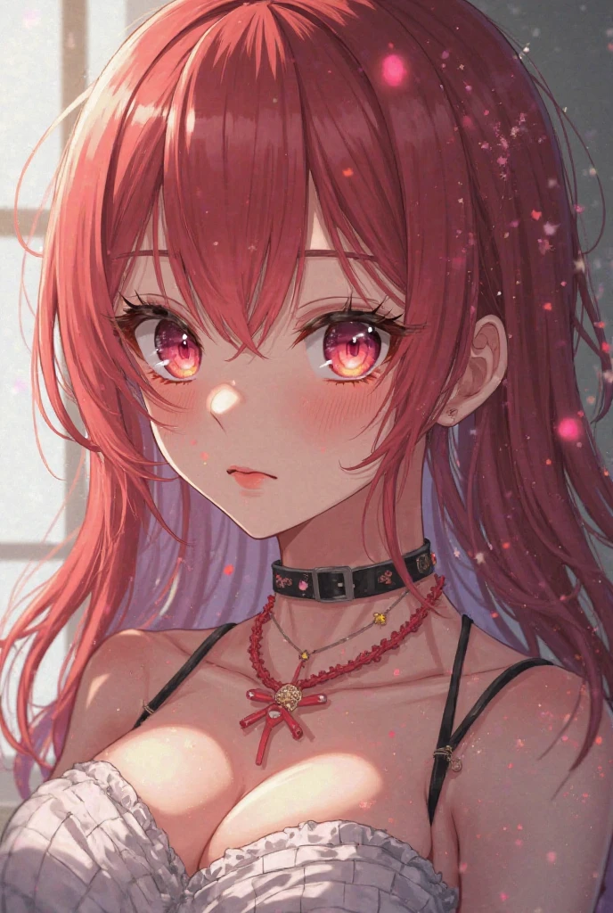 tags: masterpiece, best quality, 1girl, breasts, jewelry, red hair, dress,
earrings, long hair, solo, blush, big breasts, necklace, evening dress, black
dress, deep neckline, look at who is looking, white background, neckline,
revealing clothes, yellow eyes, bare shoulders, armpits, hair between the eyes,
simple background, collarbone, upper body, bangs, hand in own hair, parted
lips