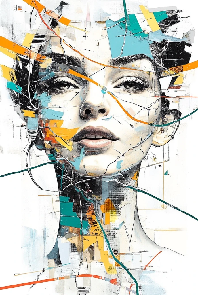 Vibrant metro maps swirl around a serene woman's face, as if city routes have become the brushstrokes of her portrait. Orange lines define her eyebrows, while turquoise stations form the shape of her eyes. Geometric patterns intersect on her cheeks and nose, creating a mesmerizing balance between complexity and serenity. The white background allows the bold colors to pop, drawing attention to the intricate, flowing shapes that harmonize in a stunning digital art piece