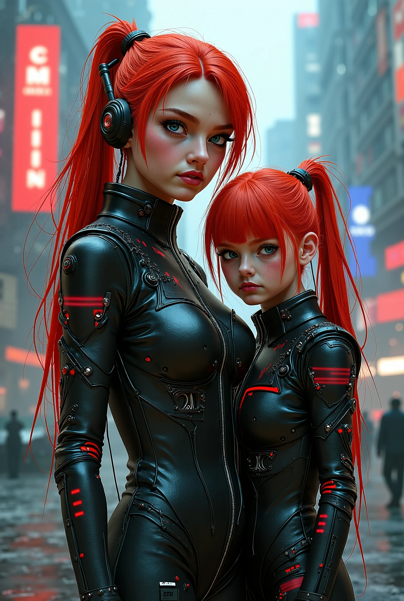 Young redhead woman with her daughter dressed in sexy cyberpunk 