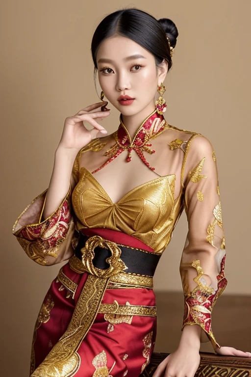 1 woman (Scarlett Johannsson, age 25, intricate silk Chinese dress with lots of embroidery sheer with several large slits, no underwear, traditional hairstyle and Chinese makeup) wandering through a palace garden