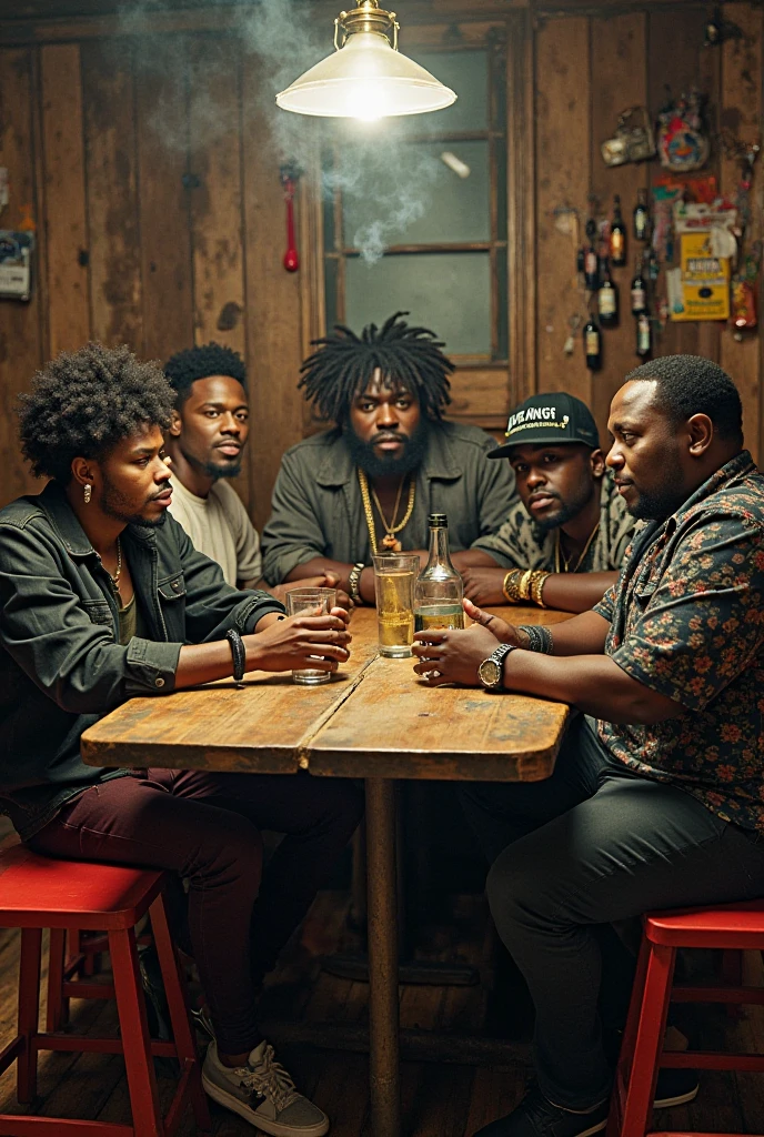 Create a photo with the singer Reginaldo Rossi, Tim Maia, Michael Jackson, Akon, Snoop Dogg, 50 cent , Kanye West, Bob Marley No In a bar sitting at a plastic table in a typical Northeastern bar