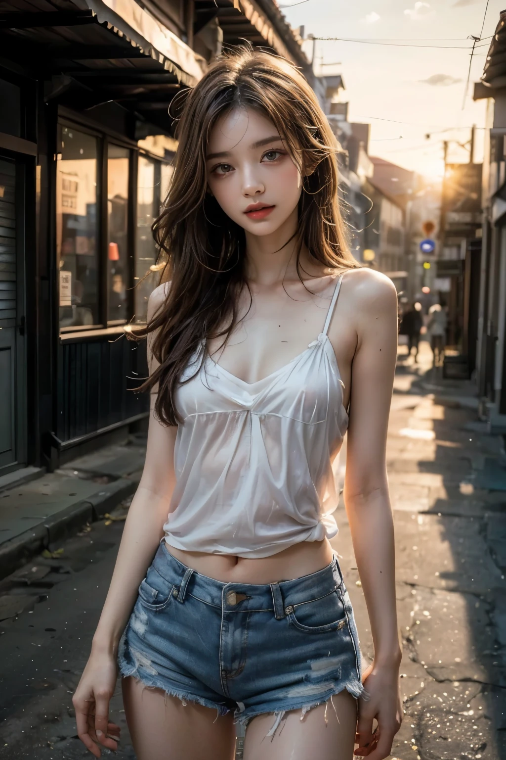 8k, masterpiece, RAW photo, best quality, photorealistic, extremely detailed CG unity 8k wallpaper, Depth of field, Cinematic Light, Lens Flare, Ray tracing, (extremely beautiful face, beautiful lips, beautiful eyes), intricate detail face, ((ultra detailed skin)) 1girl, at the beach, pretty asian girl, (very slim slender fit-muscled body:1.3), ((looking at viewer)),(big smile:1), (blurred background), (fashion street),(without people in the background:1.3), bracelets, necklace, denim shorts, clear eyes, (pale skin), (big eyeace forward, ((upper body shot)), (brown hairs), (see through), (looking at viewer:1.3) open breast, very slim, large breasts, ((see through)), highly detailed, ultra realistic