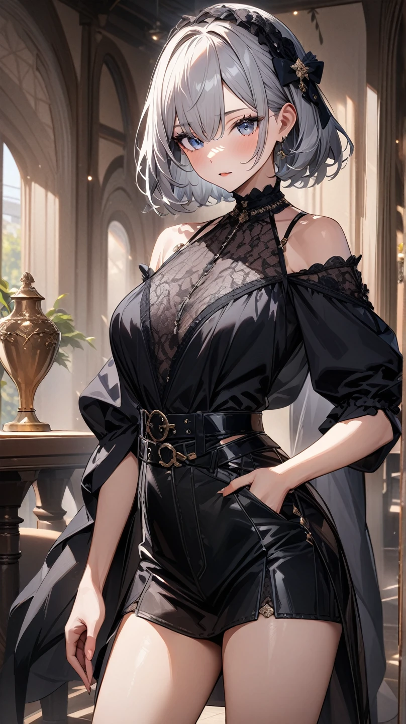 (masterpiece:1.3, top-quality, ultra high res, ultra detailed), (realistic, photorealistic:1.4), beautiful illustration, perfect lighting, natural lighting, colorful, depth of fields, surrealism, 
beautiful detailed hair, beautiful detailed face, beautiful detailed eyes, beautiful clavicle, beautiful body, beautiful chest, beautiful thigh, beautiful legs, beautiful fingers, shiny skin, babyface, 
looking at viewer, selfie, 1 girl, high school girl, (perfect anatomy, anatomically correct, super detailed skin), cute and symmetrical face, perfect face, perfect eyes, 
(short hair, twin drill, silver hair), hide one eye with bangs, red eyes, big eyes, (round eyes), glossy lips, long eyelashes, (large breasts:1.5, seductive thighs), (beautiful chest line), attractive big breasts, (slim body shape:1.4, a woman with a slender figure and big breasts), 
(((goth dress, black and purple gothic lolita dress, voluminous skirt:1.2, big ribbon, headdress, ornaments made with delicate craftsmanship, lace fabric, delicate embroidery and frills, see-through material was used))), clavicle, 
(beautiful scenery), evening, (luxury room, red sofa with decoration, soft light), ((baroque:1.1)), standing:1.2, ((facing the front:1.2)), (elegant posture:1.5, posing for a photo shoot, sexy pose), (((very relaxed smile:1.5, happy expression))), 
