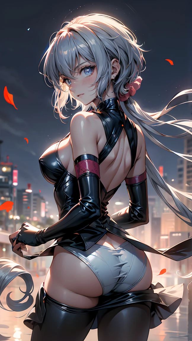 Half Russian and half Japanese、Russian face、beautiful girl、Cat-eared Cat Princess、、Small face、Young face、Calm face、Drooping eyes、Skinny、Small breasts、(((Silver Hair、Silver Hair)))、With bangs、(Blue Eyes)、Long Hair、Backwards、(back shot)、The tail from the butt3Hon-grown、Cute tail、(((Red ribbon in hair)))、Japanese Uniform、((Sexy Uniform))、Partially braided、whole body、whole body写真、Seductive pose、Inside the spaceship with the robot、Fight monsters、Fight an army of robots、man、4、、Fight monsters、Fight with your tail、The tail from the butt3Hon-grown、(back shot)、(((The tail from the butt3Hon-grown)))、Close-up of the tail、Ass close up