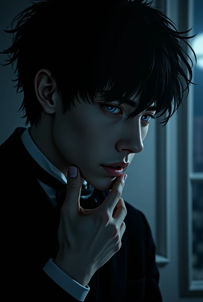 A dramatic close-up of the mysterious character 196 as he slowly removes his mask in a dark, luxurious mansion. Only moonlight from a nearby window illuminates his face, casting soft highlights and deep shadows. His fingers grip the edge of the mask, lifting it away from his face. His round, messy hairstyle like Kaneki Ken slightly falls over his eyes. The mask is halfway off, revealing part of his calm but intense expression—cold, unreadable, with a subtle glint in his eye. The background is blurred but hints at luxury—dark walls, marble, and elegant design—barely lit by moonlight. A cinematic, emotional moment full of mystery and tension."
