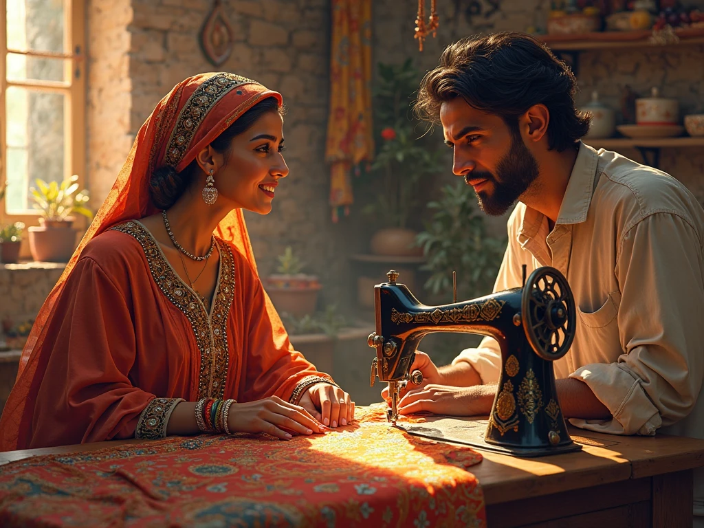 A young woman in traditional Moroccan dress talks to a tailor who is sewing a traditional Moroccan silk dress studded with stones from ancient times.