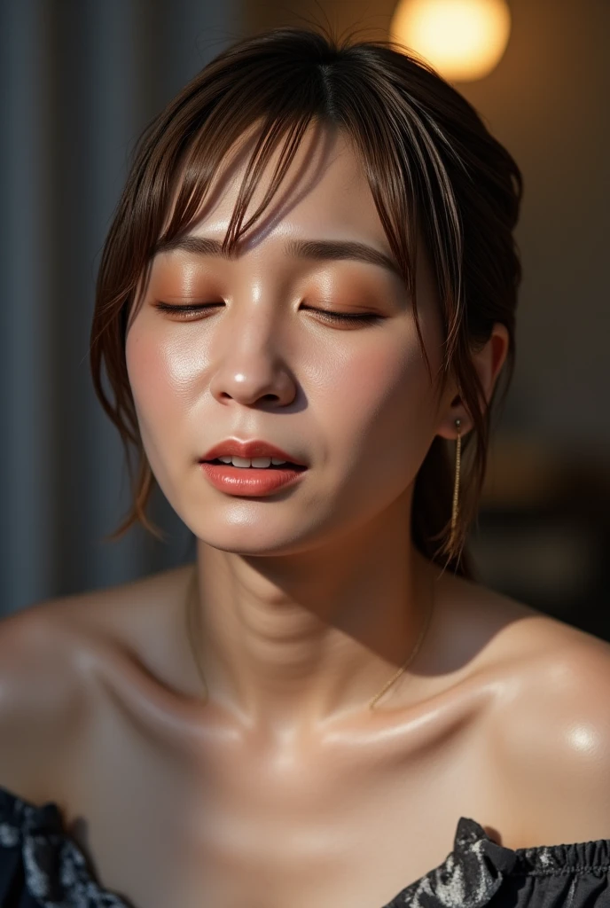 (1 female:1.5),8k, ((Tabletop)),(((Highest quality))),((Highly detailed body depiction)),((((Realistic)))), (Realistic:1.3), (超Realisticな), (High resolution), (Very elaborate fingers), (Best illustrations), (Highly detailed skin), (Detailed face), (Beautiful expression), ((詳細 Highest qualityのスキン:1.2)), ((Moisturizing the skin)), ((Reddish blush)), (非常にDetailed Background, Detailed Background), ((Cinematic light quality backlighting)), Full body photo, Japanese women, Vibrant colors, 45 years old、Japanese Wife、Bob Hair、((Sleep soundly with closed eyes:1.5))、In a dream、Sleep、((Face close-up:1.2))、Looks good、見Downろす、Sleep comfortably,sexy nightgowns、Face down、Crop top, Down , sexy see through nightgowns