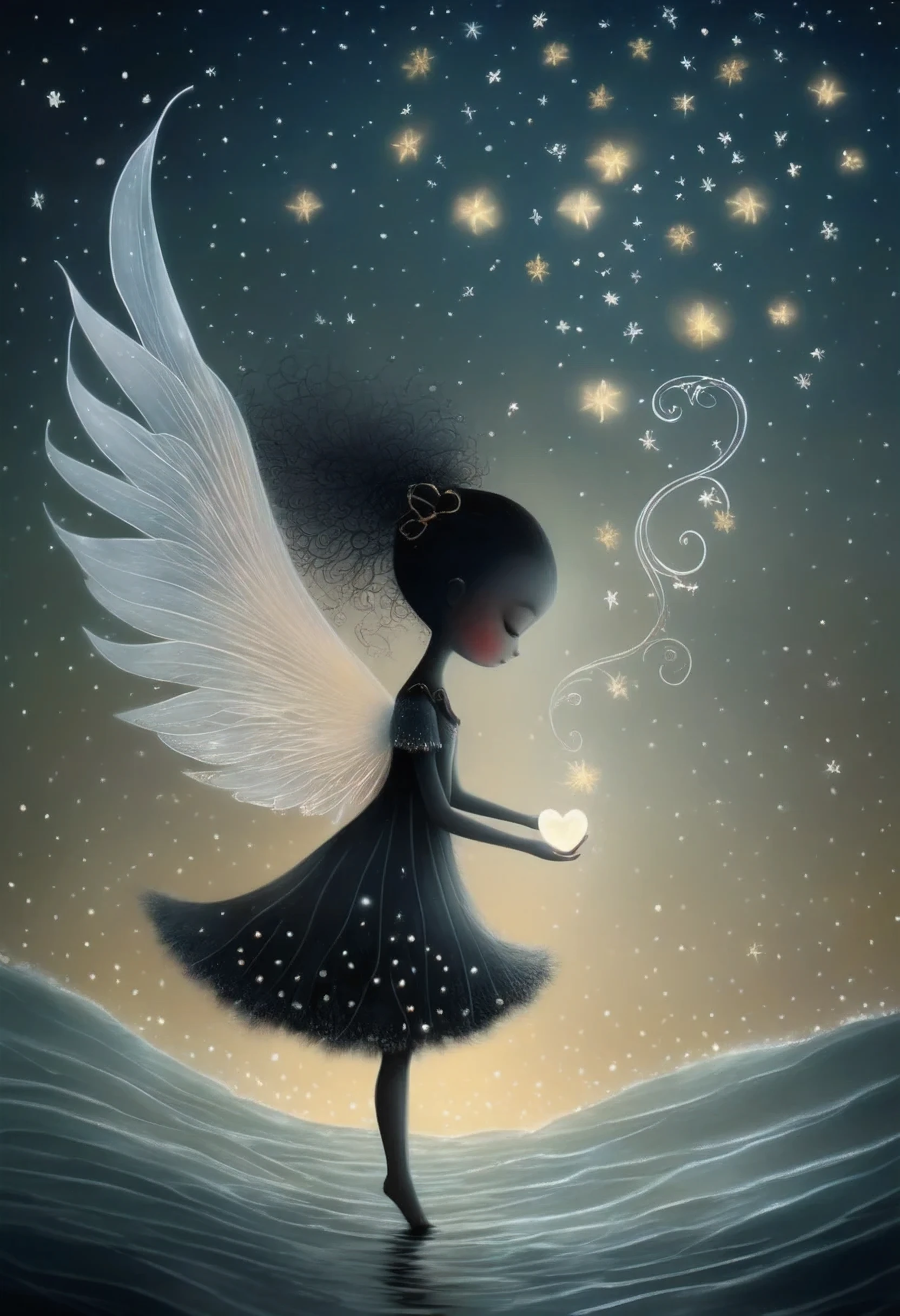 Quirky but very beautiful character by nicoletta ceccoli and Jean Baptiste Monge, silhouette of a little phoenix with beautiful transparent sparkling wings, magical world, many little heart drops trailing from the waves, she is missing one leg but transparent Beautiful big wings of lace, fiery red heart shaped love overflowing from her hands produced, dark background, backlit, intricate very detailed hand painted background, swirling light and shadows, tiny frosted hearts and geometric stars, masterpiece, super surreal, very unique funky, Funky, very unique funky, Bokeh, Soft Focus, Dark Art, LOW. angle shooting , perfect composition, dreamy, dreamy story, 2D, UHD, 16K, 32 K