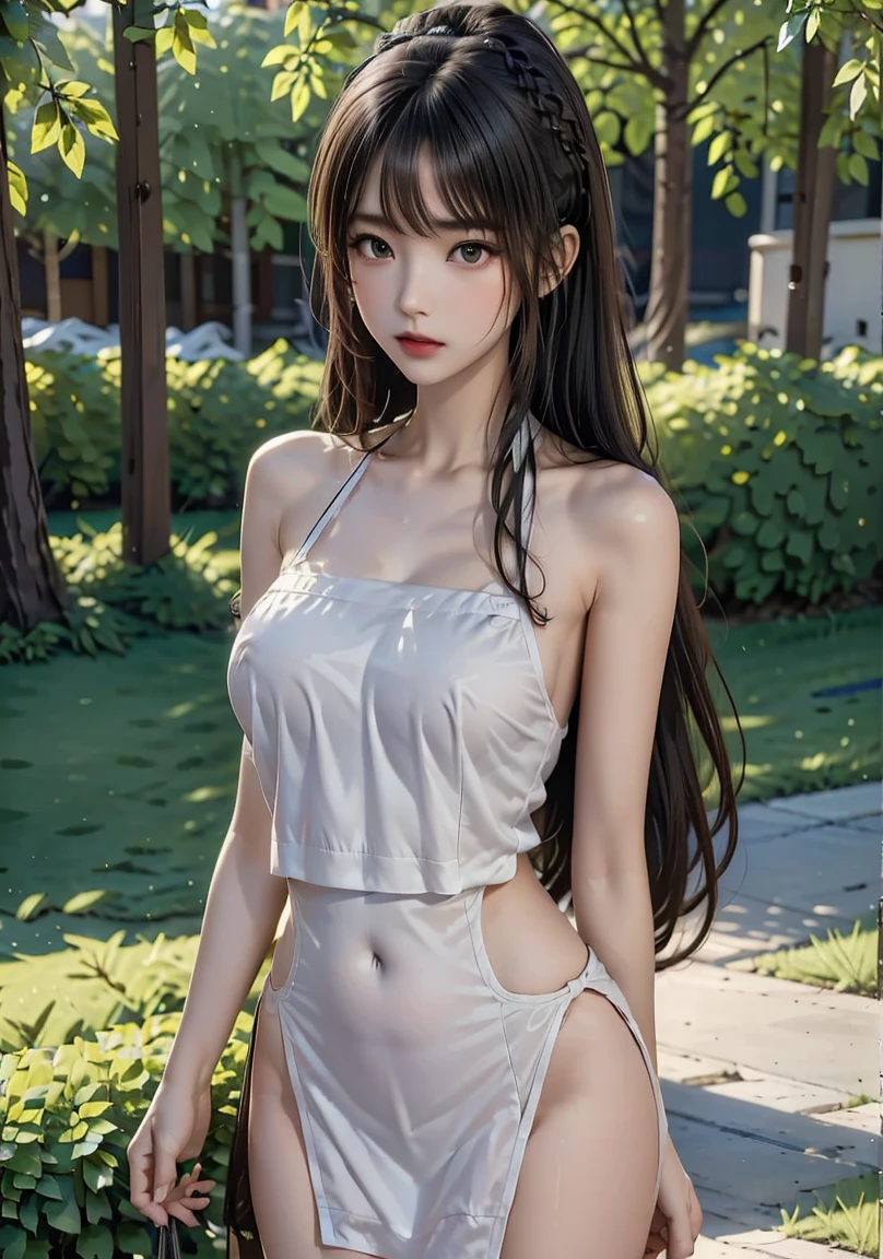 top-quality, masterpiece, 1girl in, 美丽的面容, (photographrealistic:1.3), Rim lighting, (High Detail Skins:1.2), 8K UHD, Digital SLR, hightquality, hight resolution, 4K, 8K, bokeh dof, absurderes, best ratio four finger and one thumb, (realisitic:1.3), pretty 1girl, 18 year old wearing a white swimsuit, middlebreasts, a short skirt,