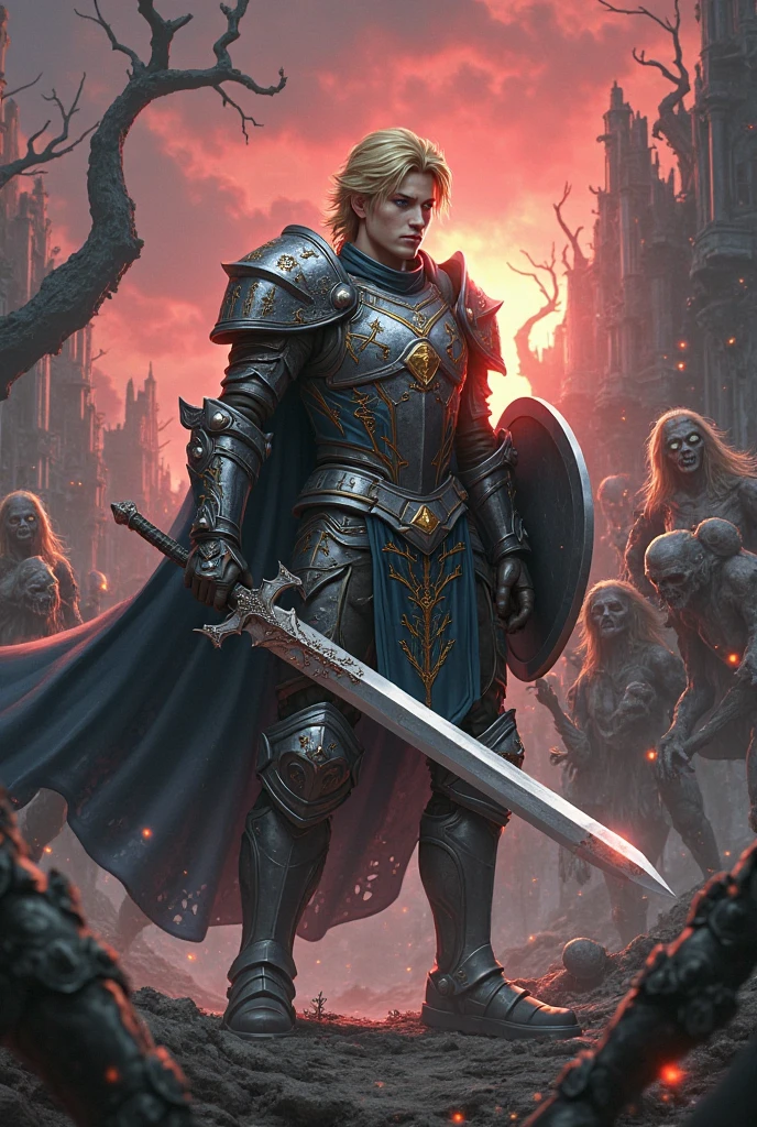 Jaune Arc from RWBY reimagined as a Half-Elf Paladin fighting a horde of zombies 