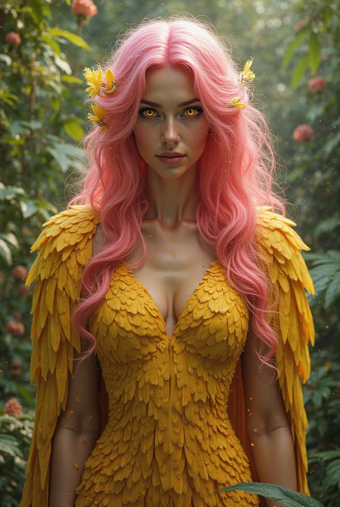 A female canary harpy with pink hair and orange eyes
