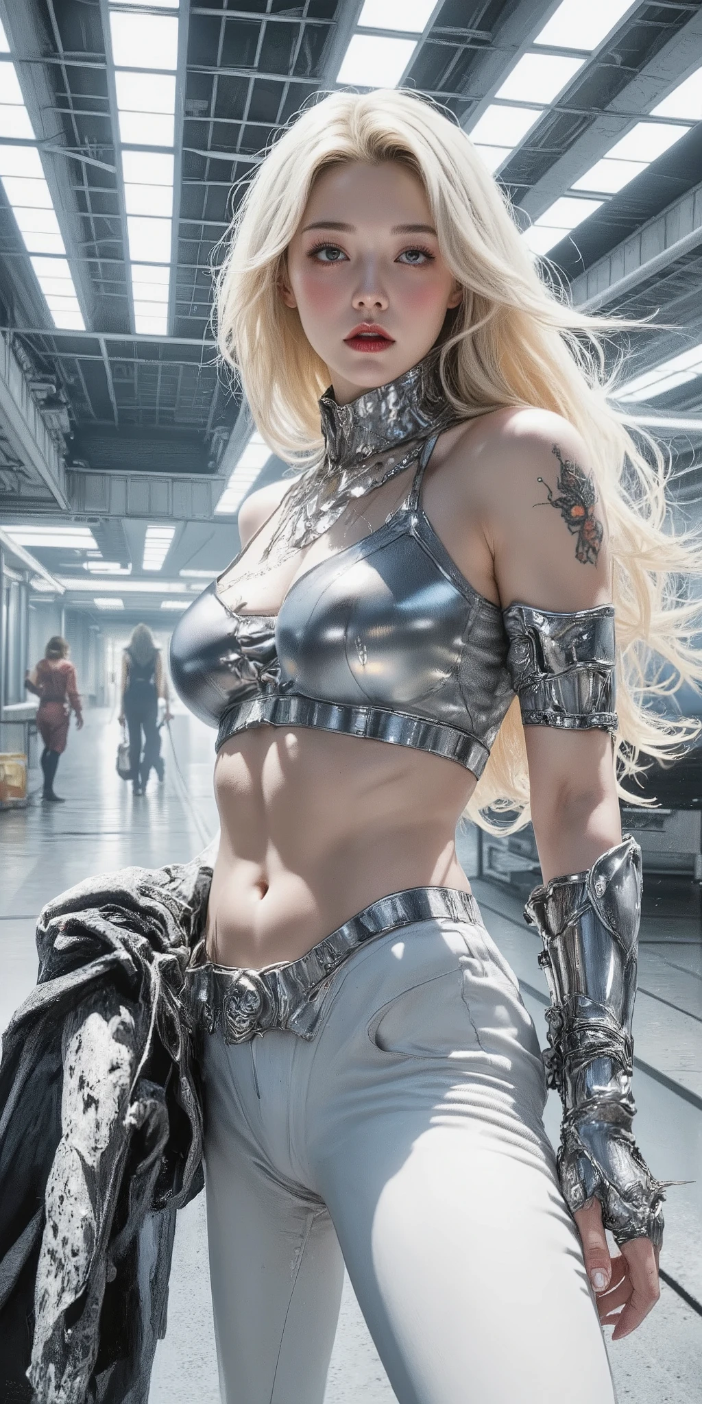 Dynamic female figure, mid-20s, light-skinned, with long, flowing, platinum blonde hair, in a stylized futuristic action pose.  Close-up, eye-level perspective.  Character wears a cropped, light gray metallic top and matching high-waisted, close-fitting pants, hinting at a cyber-punk or mecha aesthetic.  Metallic armor details, including gloves and gauntlets, are visible; reflective and glossy finish.  Visible details of the character's muscular physique.  Intricate, small, subtle tattoos on her right arm, and the character's expression conveys determination.  A determined, focused expression.  Crisp, detailed facial features, light makeup.  The environment is an urban, futuristic space.  Industrial style, with cool, gray, and white tones.  The background has lightly blurred figures, further emphasizing the protagonist.  Soft light emphasizes the character's form and action, creating a dynamic feel.  Detailed light sources, creating dramatic shadows, and highlight the high contrast.  The style is anime-inspired, digital painting; exhibiting clean lines and intricate detail, and detailed shading.  The scene evokes a sense of high-energy action with a cool, sophisticated atmosphere.