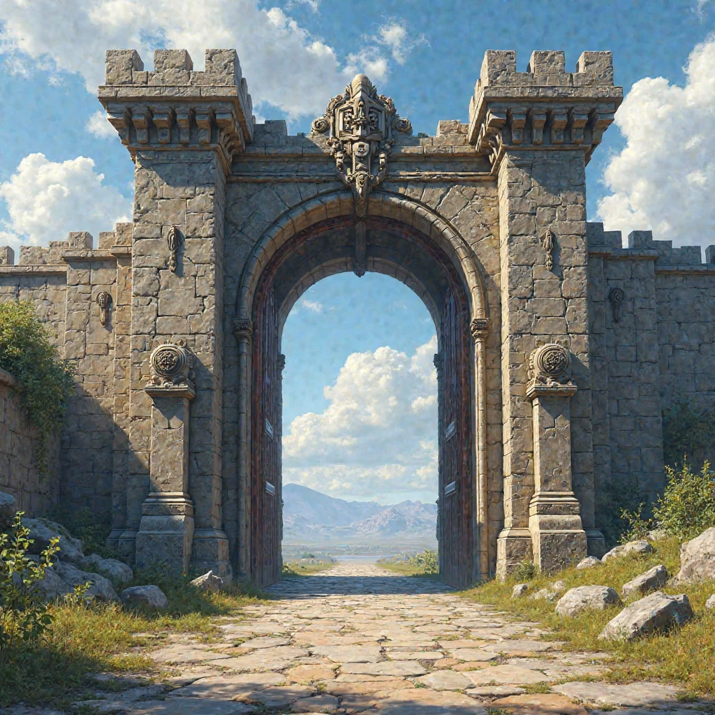 In front of a huge gate　The gate is locked　Stonework　