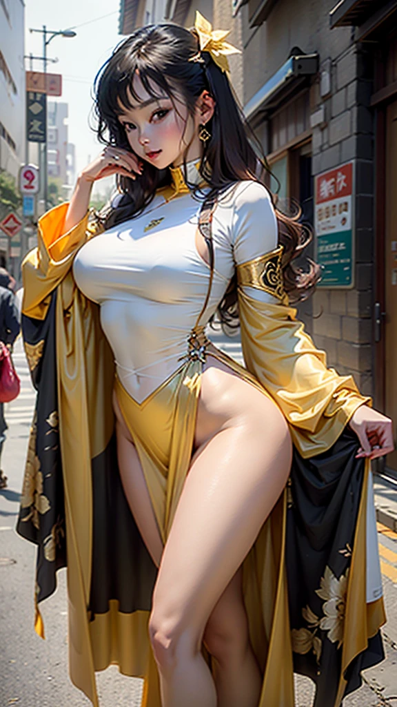 ((masterpiece(:1.4),Highest quality,Ultra-high resolution,Highest quality,8k,Extremely detailed,In detail))。night,Japanese,(A beautiful woman),glossy,slim,Large Breasts(1.6),sexy,glamorous,((Golden Ratio Style,Perfect Style)),Narrow waist,Flashy gal makeup,Japanese garden,Oiran,Prostitute,Sunny day outfit,Uchikake,Gold brocade,((A gorgeous kimono)),A cutting board belt tied in front,Hair tying,hairpin,hair ornaments,Gorgeous costumes,Beautiful standing posture,Presence,Exude sex appeal,looking at the camera,Show off your style,Big Breasts,