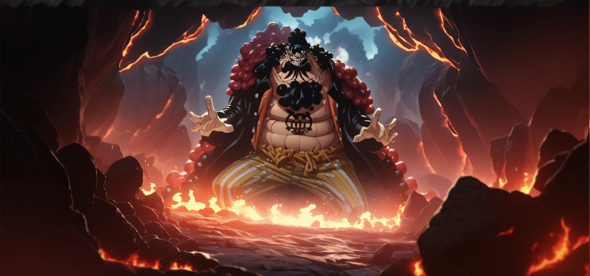 one piece,This image shows Blackbeard in a fierce battle stance, facing the viewer with outstretched arms. Surrounded by fiery lava and dark rocks, his sinister expression and imposing presence create an intense, dangerous atmosphere. The red and orange glow enhances his menacing appearance, emphasizing his power and confidence.