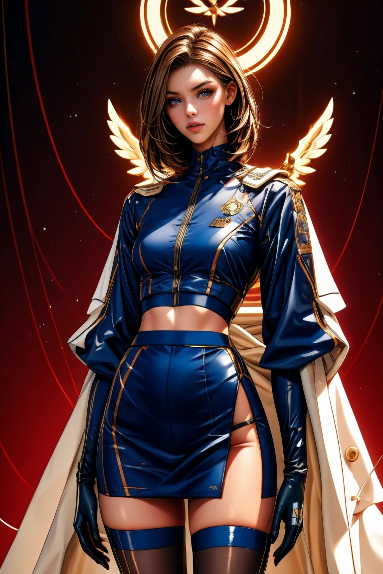 A full-body, ultra-detailed semi-realistic digital painting of a mature Croatian woman in her early 40s, with a tall, toned, elegant figure that exudes modern European sophistication. Her proportions follow a 10-heads-tall fashion model silhouette, with a modestly full , narrow waist, and long, shapely legs. Her posture is upright and relaxed, one hip subtly tilted, conveying silent confidence. Her skin is soft ivory with a beige undertone and natural glow. Her  features are distinctly European—angular cheekbones, a long narrow aquiline nose, and a sharply contoured V-shaped jawline. Her eyes are elongated and slightly slanted, with fox-like sharpness and a piercing gaze beneath arched brows. Her lips are medium-thin with a crisp Cupid’s bow, colored in matte mauve. Her makeup is clean and sculptural: metallic taupe shadow winged outward, subtle under-eye shade, and cool highlights along the cheekbones. She wears a futuristic race queen outfit: a chrome-textured crop top with angular seamlines and embedded linear light strips along the shoulders and collarbone. The ultra-short skirt is navy-silver, structured with asymmetrical layers and sharp contrast paneling. Small digital sponsor glyphs are embedded near the waist. She pairs the outfit with thigh-high segmented boots and tech-fabric gloves in matching colors, enhancing the streamlined silhouette. Her chestnut brown hair is long, straight, center-parted, and flows down past her waist, sleek and accessory-free. She stands in a high-tech race circuit with sleek architecture, cool backlighting, and soft shadows to emphasize her refined shape. Masterpiece, best quality, semi-realistic, 8K resolution, cinematic lighting, hyperrealistic portrait, finely detailed.