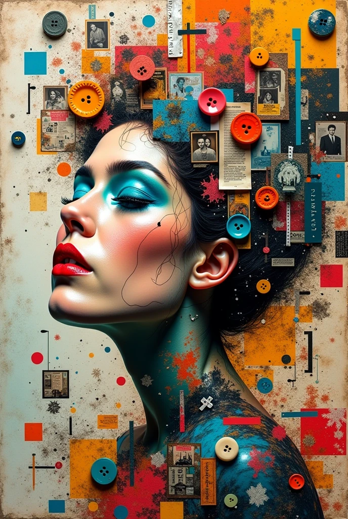 Collage Images from magazines and newspapers, photographs, scraps of fabric, ribbons, buttons, old stamps, notebooks and sketchbooks, paper materials, stamps, pens, Collage Chaos