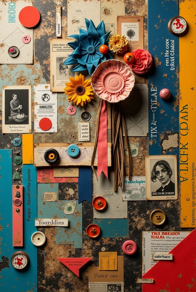 Collage Images from magazines and newspapers, photographs, scraps of fabric, ribbons, buttons, old stamps, notebooks and sketchbooks, paper materials, stamps, pens, Collage Chaos