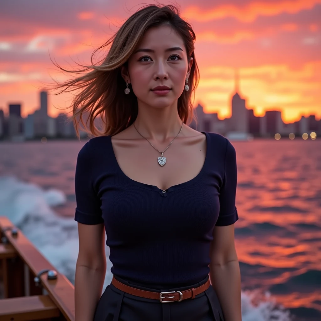 Hair is moving、 the sky is turning red 、Woman standing on a boat 、light brown hair、Classy Hairstyle、Blue Eyed Woman、A cute woman with upward glances、When the sky gets dark、The gentle light of the ship shines、太陽が沈むにつれて the sky is turning red 、perfect clothes that show body lines、、classy dark blue summer knit、elegant tank top、belt、short skirt for hypnotic suggestion、Elegant dressing、luxury bagedium short hair：1。4 ） 、tall buildings visible across the ocean、 you can see Manhattan Island off the coast 、Woman on a tourist boat、、The sun shines on her、light brown hair、light brown hair、 the sky is dyed red 、There are clouds、 cute in private 、A woman in elegant clothes is sitting on a boat and watching the sunset、 rich breastsは服の上からでも明らかです 。 、輝く太陽はとてもbeautiful、Dusk is approaching、lens flare、I can see the sunset、（（ sunlight reflecting off the ocean 、ocean view、 the sun shining in the ocean 、 beautiful 。 、 small earrings、A private night 、Birds are flying too、、hair color is brown、hair tied、 The woman is on the right：1。4 ） ）、高級レザーbelt、shiny clothes、 bright beige hair color 、blur background、with only bangs braided、light brown hair、｛｛ cowgirl shot ｝｝、（（close-up shot from the waist up、 rich breasts：1 。 4）、にっこりsmile、Silk Clothes、服からでも分かる rich breasts、Braid only the front hair、cowboy shot、gorgeous white Collared silk shirt and brown skirt、Elegant dressing、Luxury Bags、素敵なsmile、（（ rich breasts））、full body photo、ring、short skirt for hypnotic suggestion、Tuck your hair behind one ear、silver necklace、smile、A classy ponytail、caustics、High definition photos、very beautiful and ideal short hair、Super no makeup、（8K、 RAW photos 、top quality、masterpiece：1 . 2）、（real、real）、1 girl、（（medium short hair、looking at the camera：1 . 4））、hair fluttering like