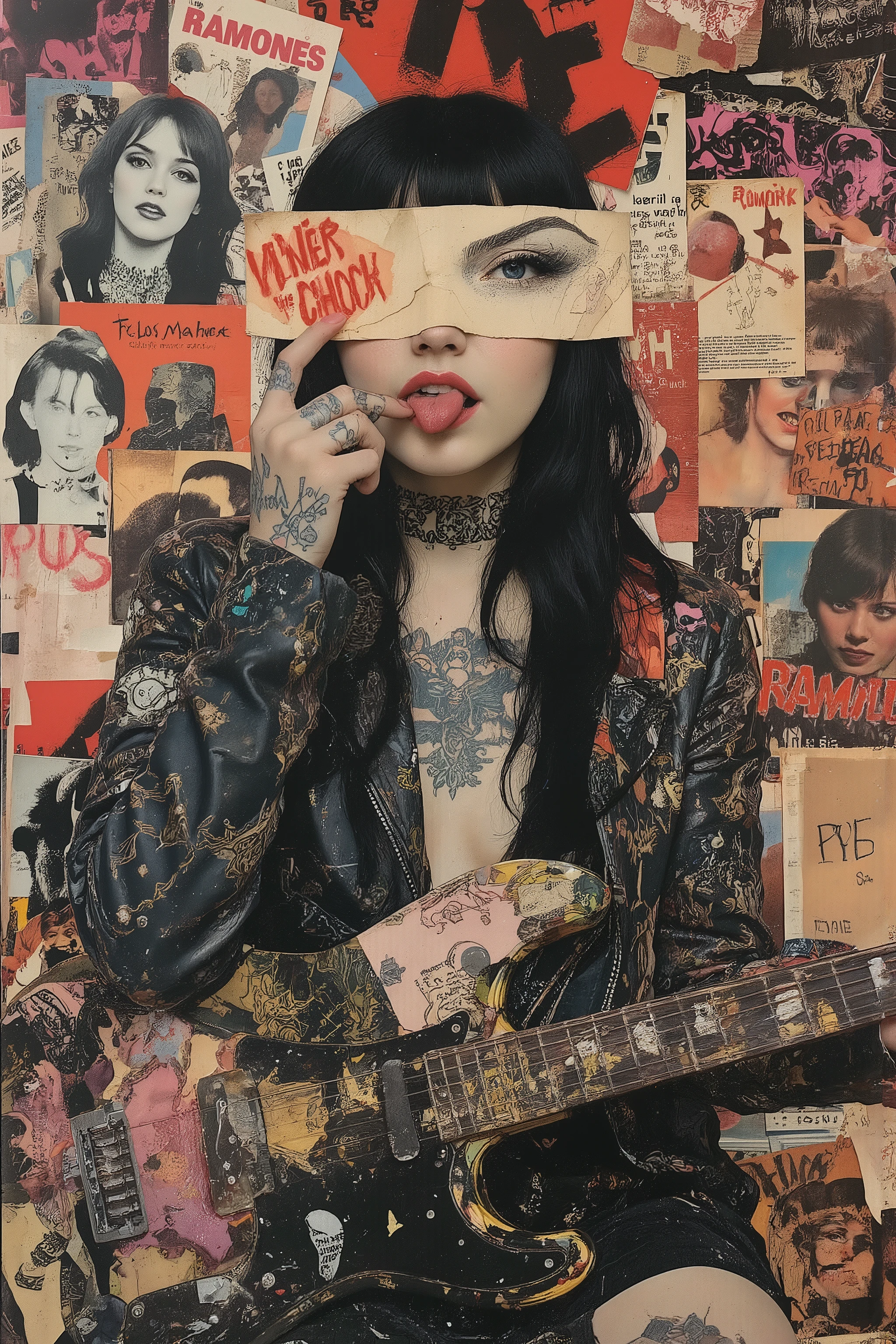 blinded half eye by drawing eye flyer,fashion portrait,fullbody,1girl,beautiful face,blunt bangs,beautiful black long hair,straight hair,glamour and sensuality,dynamic angle,pale skin,growing skin,feminin,punk girl,high-fashion aesthetic,sexy wears a Collage pattern leather jacket,black mascara,juicy lips,red lip,(one eye closed,tongue out),evil smile,face forcus,play the guitar,topless,the breast is hidden by Guitar strap,inspire The Ramones,Vivienne westwood punk fashion,1970's punk art,red,black,(cluttered collage of images cut from flyers),1970's retro photo,((Blend with the background,chaotic collage art background)),aesthetic decay,david Carson style,Jean-Michel Basquiat style,(many flyers,painting wall,Graffiti wall),vivid color,studio lighting,rose red, ff-collage,punk-ch1ck