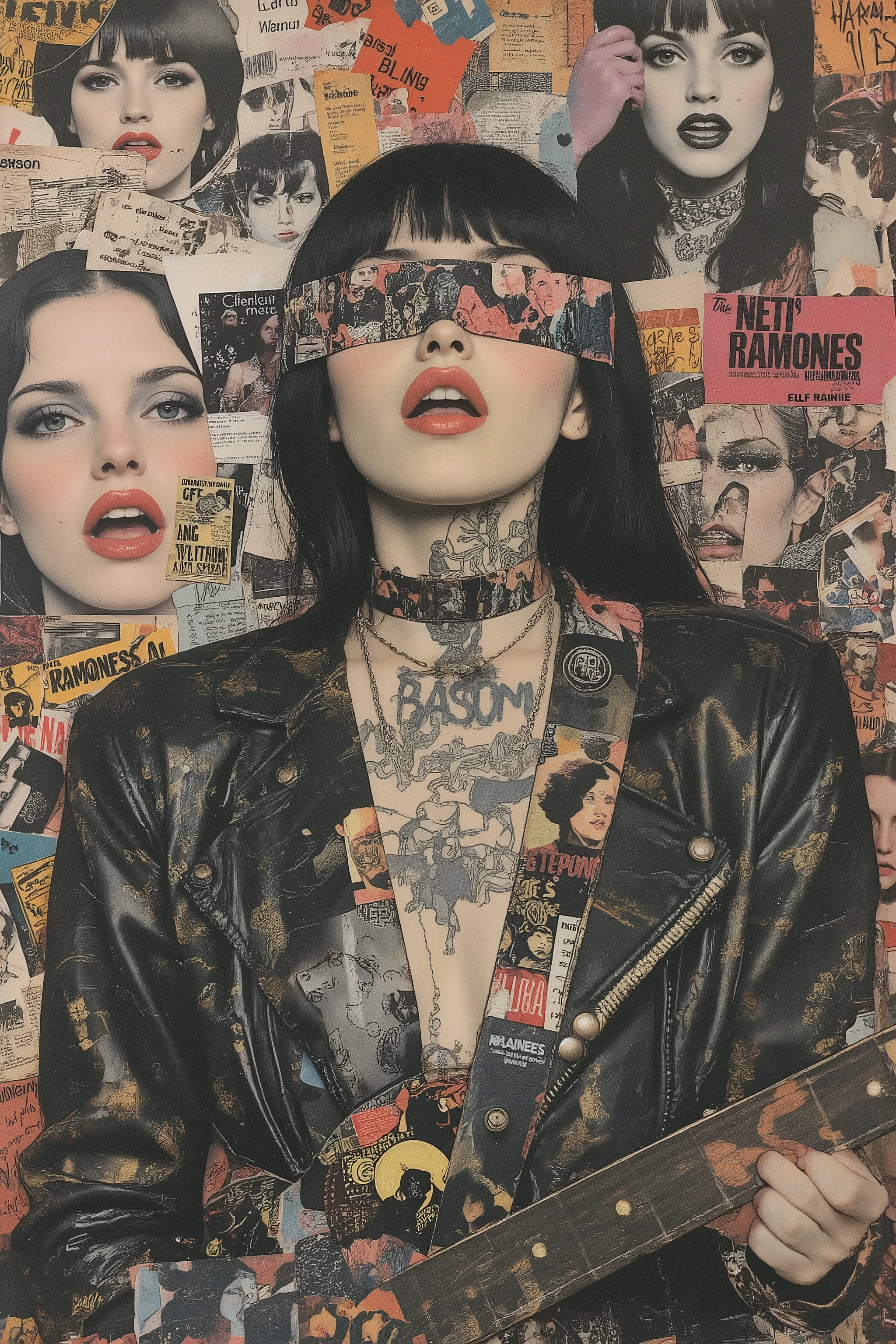 blind by drawing face flyer,fashion portrait,fullbody,1girl,beautiful face,blunt bangs,beautiful black long hair,straight hair,glamour and sensuality,dynamic angle,pale skin,growing skin,feminin,punk girl,high-fashion aesthetic,sexy wears a Collage pattern leather jacket,black mascara,juicy lips,red lip,(one eye closed,tongue out),evil smile,face forcus,play the guitar,topless,the breast is hidden by Guitar strap,inspire The Ramones,Vivienne westwood punk fashion,1970's punk art,red,black,(cluttered collage of images cut from flyers),1970's retro photo,((Blend with the background,chaotic collage art background)),aesthetic decay,david Carson style,Jean-Michel Basquiat style,(many flyers,painting wall,Graffiti wall),vivid color,studio lighting,   ff-collage,punk-ch1ck