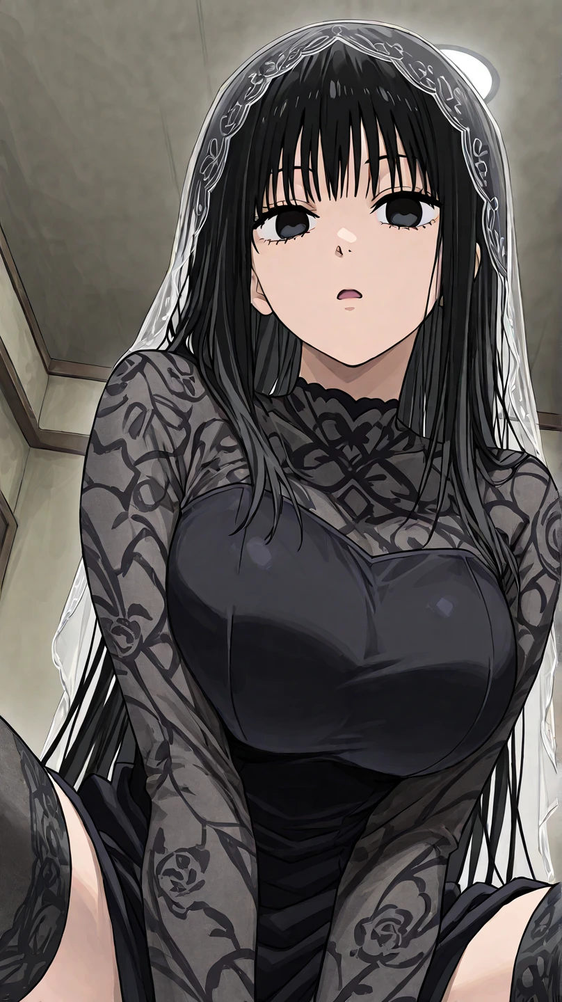 (1girl), (large breasts), sweat, realistic, cottage, slave chains, slave collar, slave, slave clothes, black hair, long hair