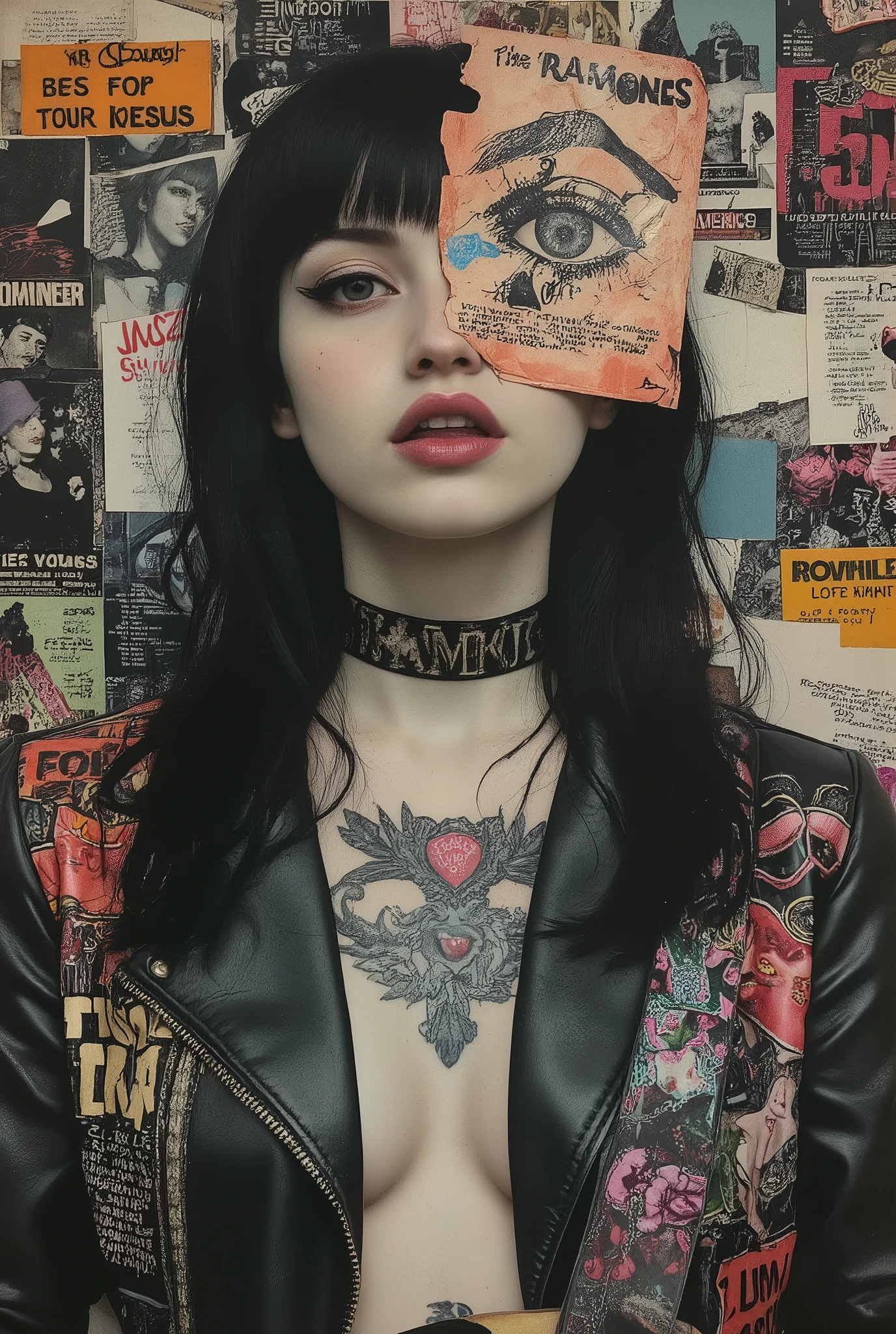 blinded half eye by drawing eye flyer,fashion portrait,fullbody,1girl,beautiful face,blunt bangs,beautiful black long hair,straight hair,glamour and sensuality,dynamic angle,pale skin,growing skin,feminin,punk girl,high-fashion aesthetic,sexy wears a Collage pattern leather jacket,black mascara,juicy lips,red lip,(one eye closed,tongue out),evil smile,face forcus,play the guitar,topless,the breast is hidden by Guitar strap,inspire The Ramones,Vivienne westwood punk fashion,1970's punk art,red,black,(cluttered collage of images cut from flyers),1970's retro photo,((Blend with the background,chaotic collage art background)),aesthetic decay,david Carson style,Jean-Michel Basquiat style,(many flyers,painting wall,Graffiti wall),vivid color,studio lighting,rose red, ff-collage,punk-ch1ck