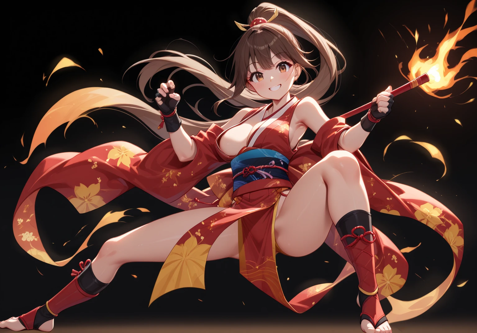 1girl, solo, long hair, breasts, looking at viewer, bangs, brown hair, hair ornament, red eyes, ribbon, holding, cleavage, bare shoulders, twintails, full body, japanese clothes, shoes, barefoot, kimono, blurry, red ribbon, sash, mask, floating hair, obi, pink ribbon, shoes removed, single shoe