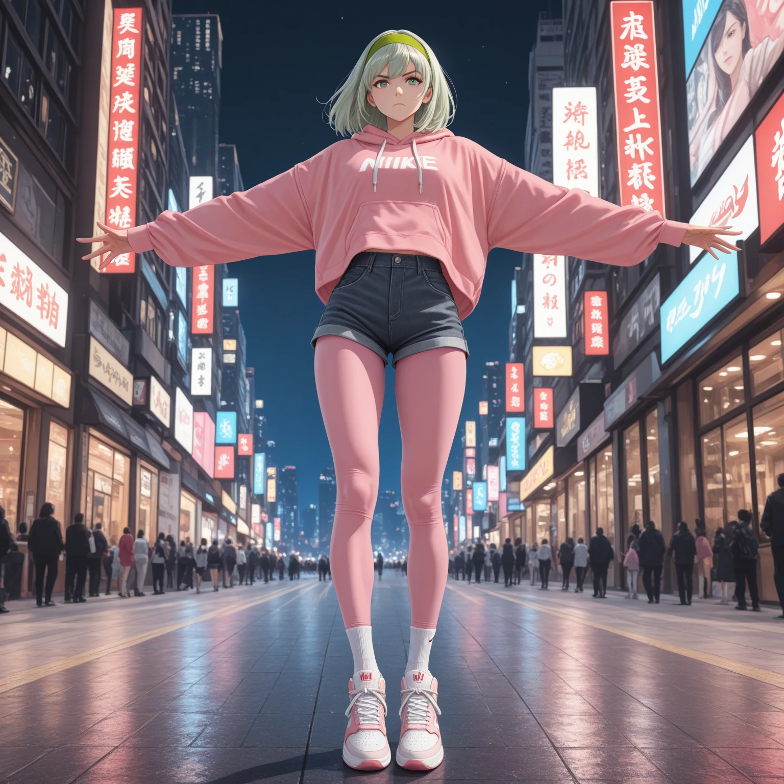 youngwoman, perfect anatomy, perfect arms, perfect hands, perfect fingers, perfect feet, (best quality), ((masterpiece)), (highres), extremely detailed CG, extremely detailed 8K wallpaper, extremely detailed character, (an extremely delicate and beautiful portrait), portrait, solo, light olive green medium hair, green eyes, light green headband, pink hoodie, dark grey denim shorts, white knee high socks with pale pink pantyhose, pink and white nike sneakers, 178cm, athletic built, tall girl, super tall girl, serious, Hong Kong, stay focus, night, downtown, arms stretched to sides, full body, facing camera