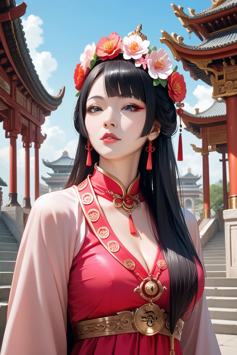 Wearing a pink dress、Arafa woman wearing a flower crown on her head,  color photo , inspired by blue shadows, Trending in CG community, realistic, Hanfu, palace ， a girl in Hanfu, ancient Chinese Princess, Beautiful Empress Fantasy, Ancient Chinese Art Style, Princess of an ancient Asian dynasty, Empress of China, white Hanfu, Chinese Princess, Look Down,