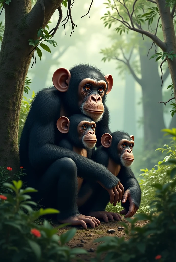 Two giant monkeys are sitting happily on a large branch in a lush forest with lush green trees and colorful tropical flowers all around. They. This scene is full of sunlight, filtered through the leaves, creating vitality.