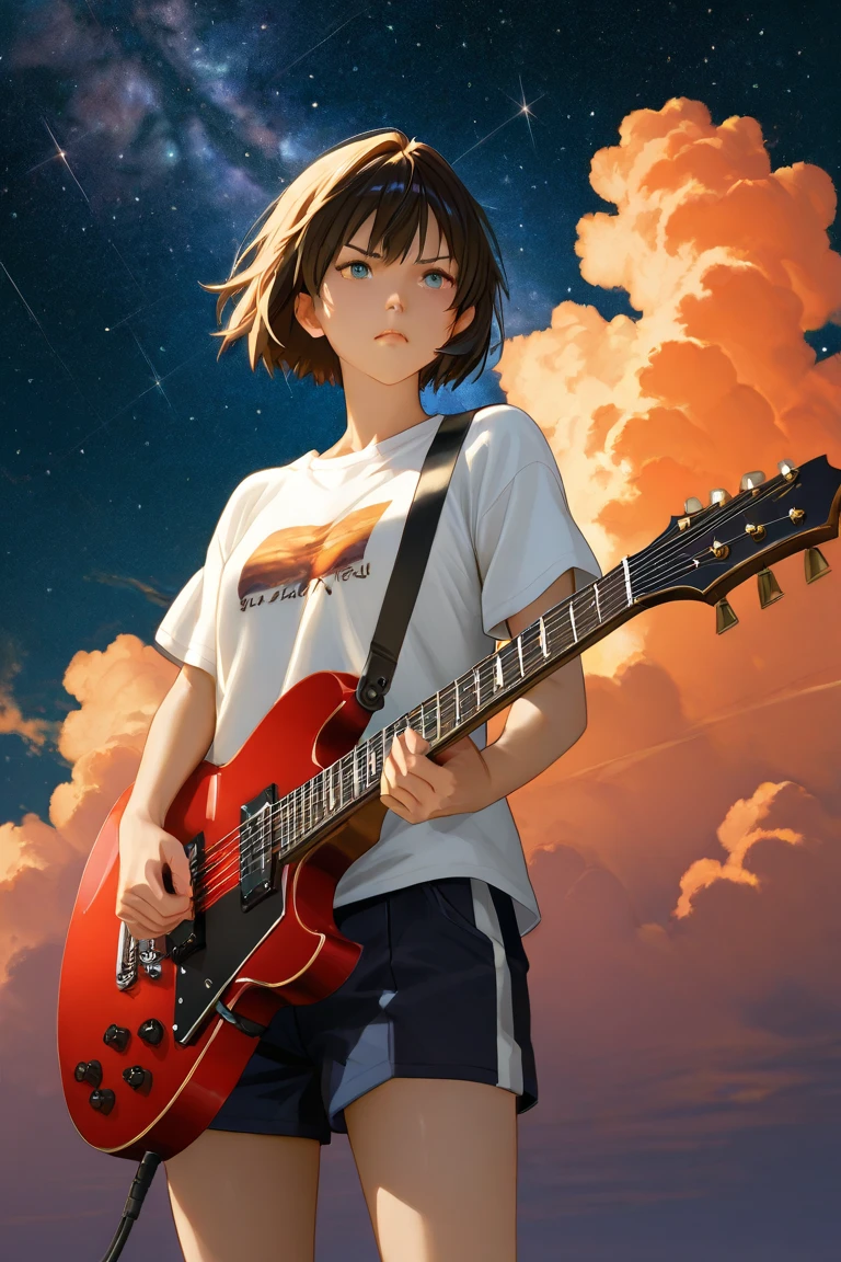short cut girl playing red electric guitar under starry sky。serious expression。Orange Clouds and Stars in the Night Sky on the Background、The galaxy is expanding。rough outfit with t-shirt and shorts。In anime style、Realistic Light Effects and Details。Horizontal composition 、high resolution。

