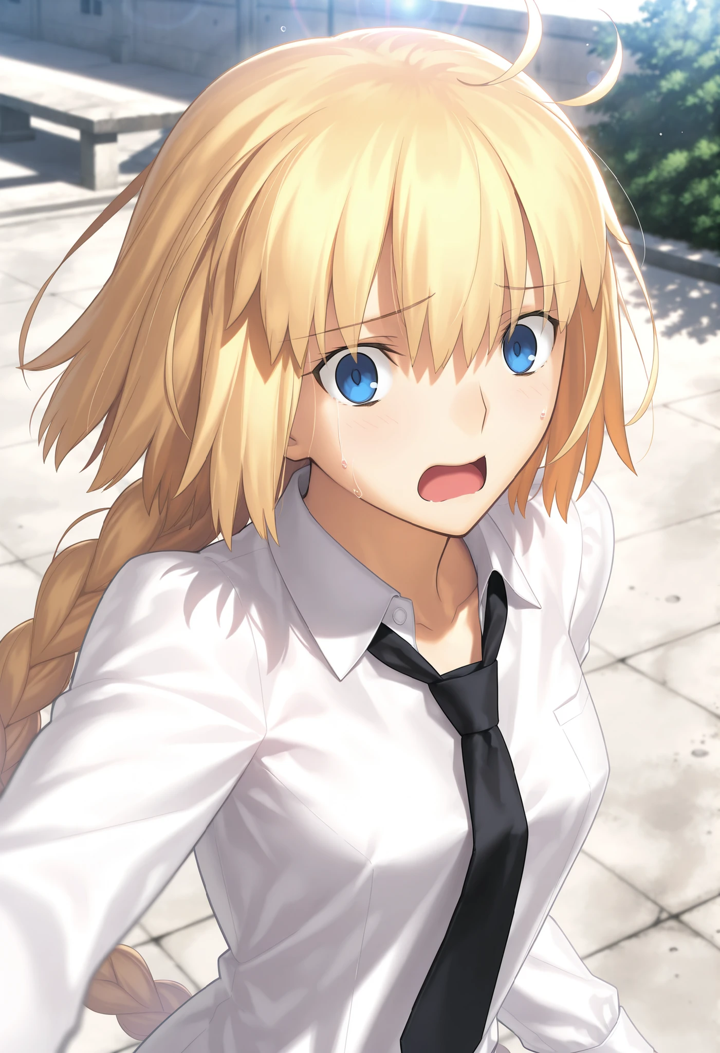 masterpiece, , absurdres, highres, detailed background, high resolution, masterpiece, necessary, detail, best quality, quality, necessary, details, High details, Precise, outdoors, (dappled sunlight), day, lens flare, blurry background, ((from above)), upper body, , solo, ,                                            
                                                                                                                                                                                                                         1girl, , Takeuchi Takashi (type-moon,tsukihime) style, takeuchi takashi style, (reaching), ((((worried, scared,)))), , , 
   
tall girl, mature, jeanne d arc, \(fgo\), blue eyes, , jeanne d arc, blonde hair, medium hair, ( floating hair ), (open white dress shirt), black necktie  ,big braid, single braid, small breasts, underwear, looking at viewer, , concrete,  , ,                                                                                                                                                                                                                                                                                                                                                                                                                                                                                                                                                                                     