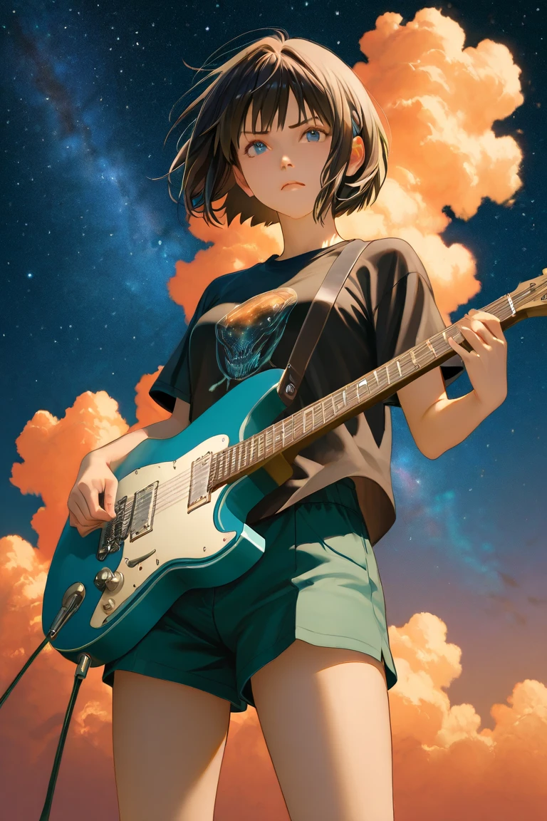 short cut girl playing red electric guitar under starry sky。serious expression。Orange Clouds and Stars in the Night Sky on the Background、The galaxy is expanding。rough outfit with t-shirt and shorts。In anime style、Realistic Light Effects and Details。Horizontal composition 、high resolution。Japanese anime