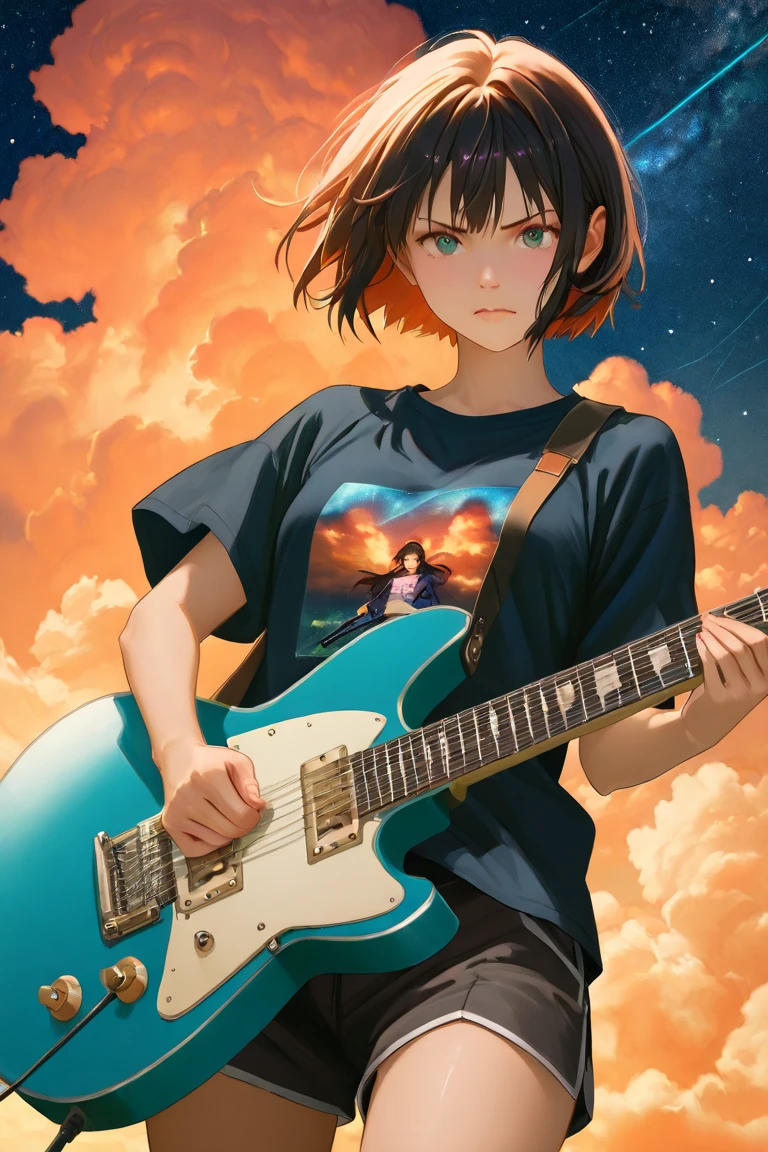 short cut girl playing red electric guitar under starry sky。serious expression。Orange Clouds and Stars in the Night Sky on the Background、The galaxy is expanding。rough outfit with t-shirt and shorts。In anime style、Realistic Light Effects and Details。Horizontal composition 、high resolution。Japanese anime