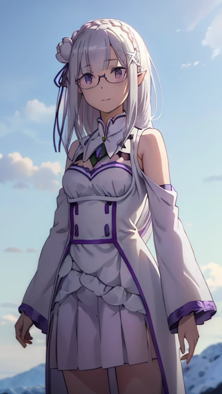 ninym masterpiece, best quality, ultra-detailed, glistening shiny, glowing light, ray tracing, HDR, deph of field, (perfect face, detailed face, detailed eyes),(small breasts:1.2),8k,HD,ultra realistic face,ray tracing,perfect lighting, ultra-detailed, shiny eyes,((upper teeth smile)), (looking at viewer), ((1girl)), (mature female:1.4),cowboy shot,((view from below)):1.2,thighs, white hair,((gradient hair)),red eyes, gradient eyes, (glowing eyes:1.1), mascara, (fashion make up), (garden:1.4),(complex background, many elements in the background:1.2),((super detailed background)), dynamic poses, ((8k wallpaper)), black thighhighs, thigh straps, white shirt, black bowtie, miniskirt, white gloves, ahoge, purple sleeves,