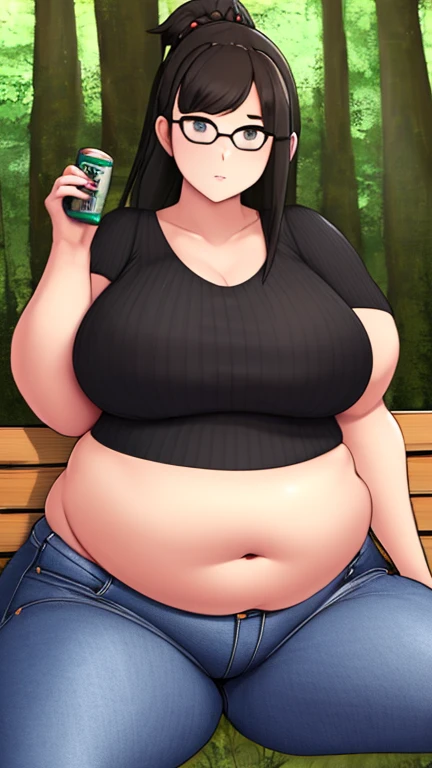 ((Masterpiece)), perfect anatomy, perfect shading, field of depth, (best quality), extremely delicate and beautiful, perfect lighting, detailed face, ultra cute face, cute, ((1girl)), ((solo))

long fluffy black hair, glasses, green eyes, ((blush)), nervous, looking at viewer, sweater, short skirt, medium breasts, ((thick thighs)), (wide hips), ((plump)), chubby belly,

intricate background, detailed background, fast food restaurant,
