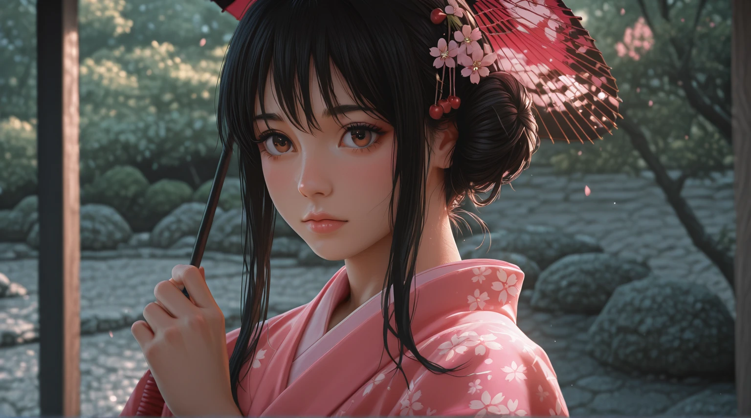 full body portrait of a beautiful young anime woman with big brown eyes and long black hair tied in a bun, wearing a vivid pink kimono with delicate floral patterns, holding a traditional Japanese umbrella, cherry blossom hair ornaments, soft lighting, standing in a Japanese garden, elegant and graceful, anime realistic style, highly detailed, masterpiece, ultra quality
