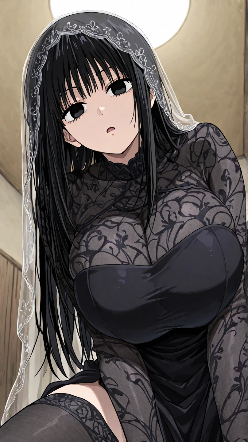 beautiful detailed 35 years old female japanese, wearing Gothic Lolita Dress: A black, frilly dress with lace details, a parasol, and knee-high stockings, beautiful face, shiny white skin, blonde hair, curvy body, ultra large saggy breasts, massive cleavage exposed, castle background