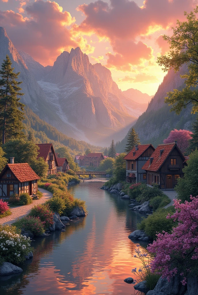 a small village by the river, mountains in the background, floral flowers colorful, detailed landscape, Beautiful natural landscapes, atmospheric lighting, scorching sunset, warm colours, practical, photopractical, Detailed Foliage, complex buildings, cobblestone street, Charming country house, swirly vibrant colors, lush vegetation, Still water reflections, Picturesque, idyllic, work of art, best qualityer, 8k, extremely detaild,anime styling