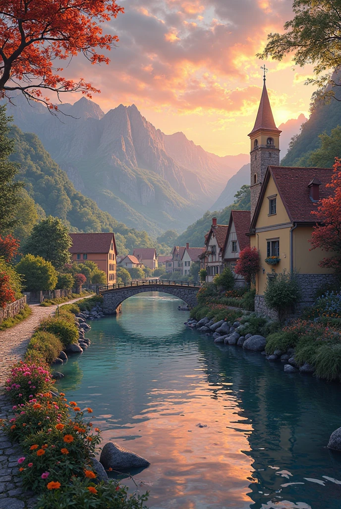 a small village by the river, mountains in the background, floral flowers colorful, detailed landscape, Beautiful natural landscapes, atmospheric lighting, scorching sunset, warm colours, practical, photopractical, Detailed Foliage, complex buildings, cobblestone street, Charming country house, swirly vibrant colors, lush vegetation, Still water reflections, Picturesque, idyllic, work of art, best qualityer, 8k, extremely detaild,anime styling